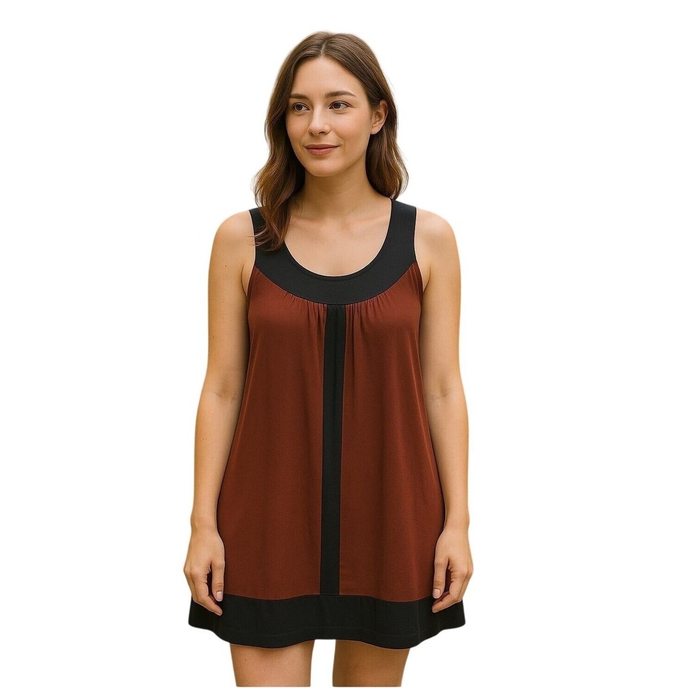 Just For Wraps Sleeveless Casual‎ Dress Brown Black Swing Flowy Fit L